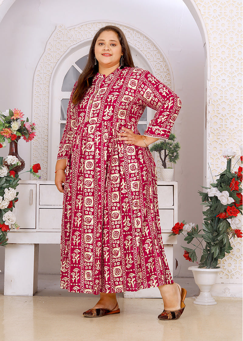 Monjolika Fashion Rani Pink Rayon Plus Size Printed Long Kurti - Distacart
