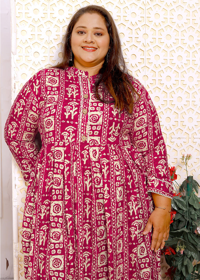 Monjolika Fashion Rani Pink Rayon Plus Size Printed Long Kurti - Distacart
