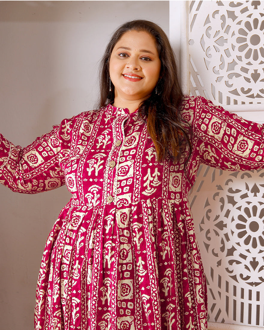 Monjolika Fashion Rani Pink Rayon Plus Size Printed Long Kurti - Distacart