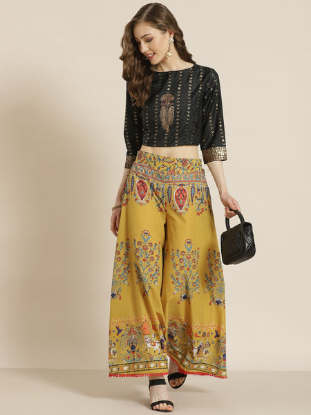 Juniper Women Mustard Cotton Printed Flared Palazzo