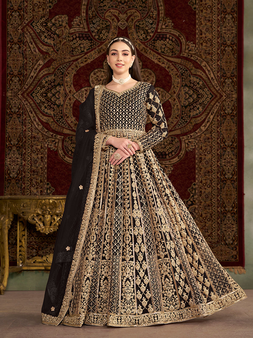 Monjolika Fashion Black Color Embroidered Santoon Net Salwar Suit - Distacart