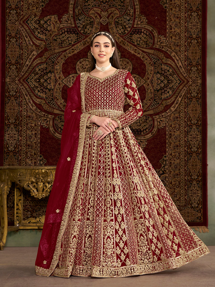 Monjolika Fashion Maroon Color Embroidered Santoon Net Salwar Suit - Distacart