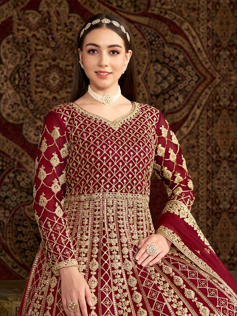 Monjolika Fashion Maroon Color Embroidered Santoon Net Salwar Suit - Distacart