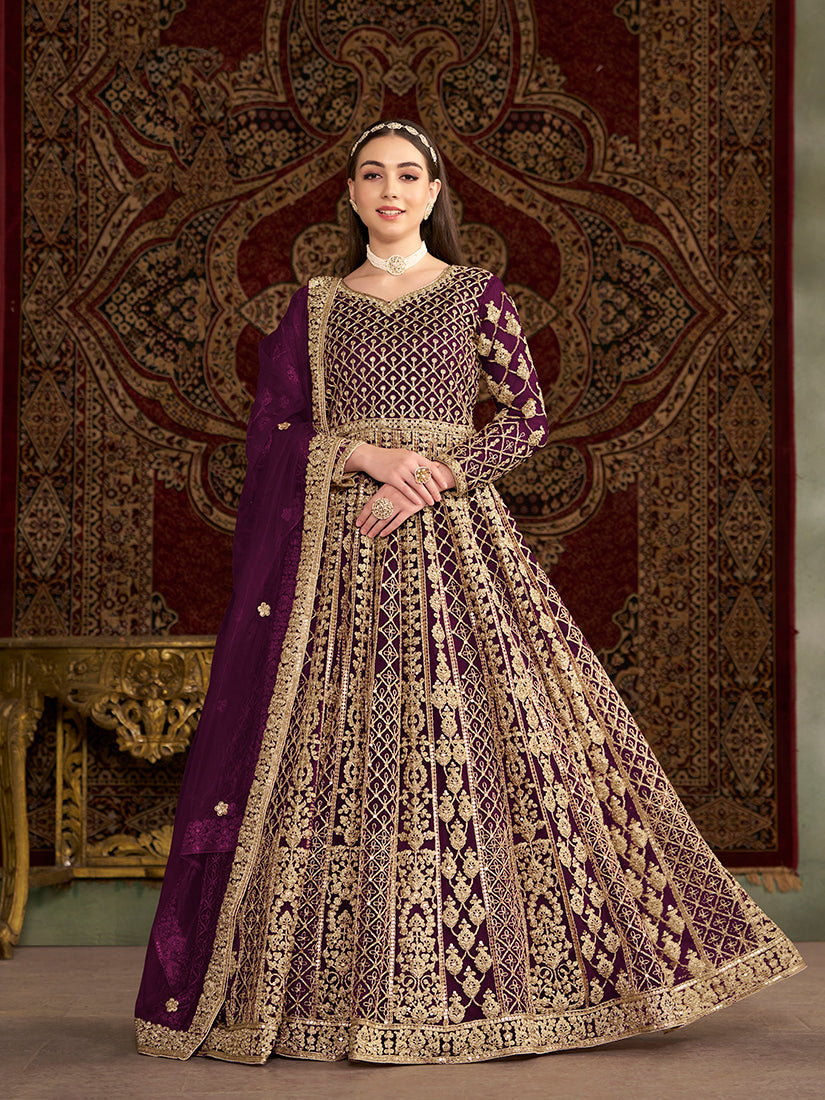 Monjolika Fashion Purple Color Embroidered Santoon Net Salwar Suit - Distacart