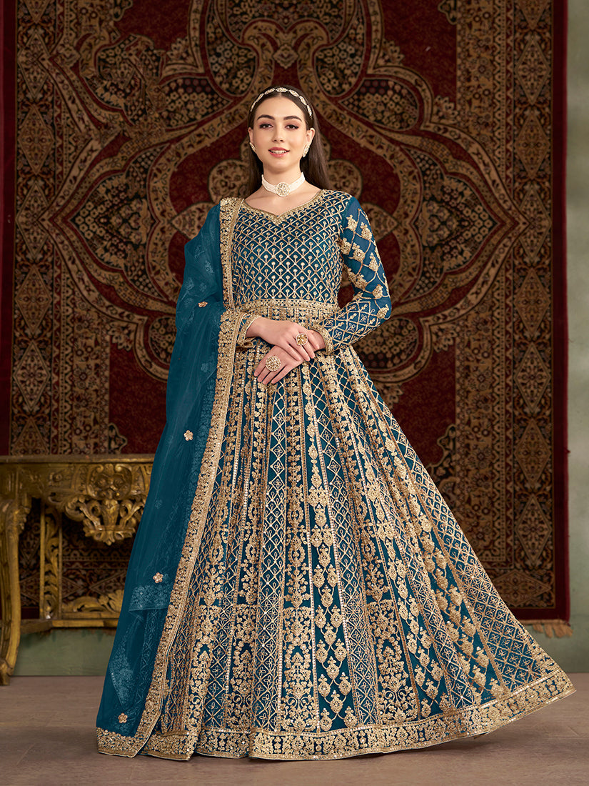 Monjolika Fashion Teal Color Embroidered Santoon Net Salwar Suit - Distacart