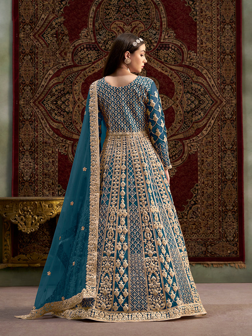 Monjolika Fashion Teal Color Embroidered Santoon Net Salwar Suit - Distacart