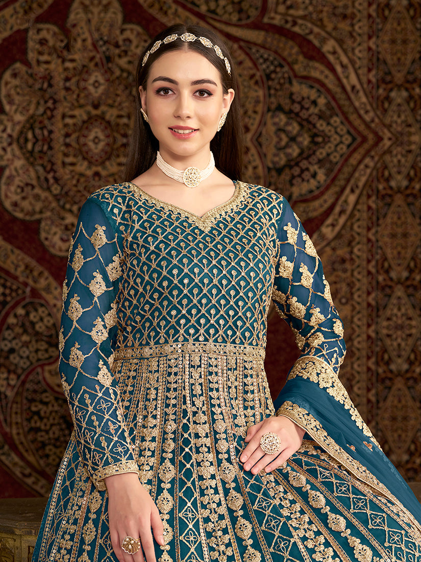 Monjolika Fashion Teal Color Embroidered Santoon Net Salwar Suit - Distacart