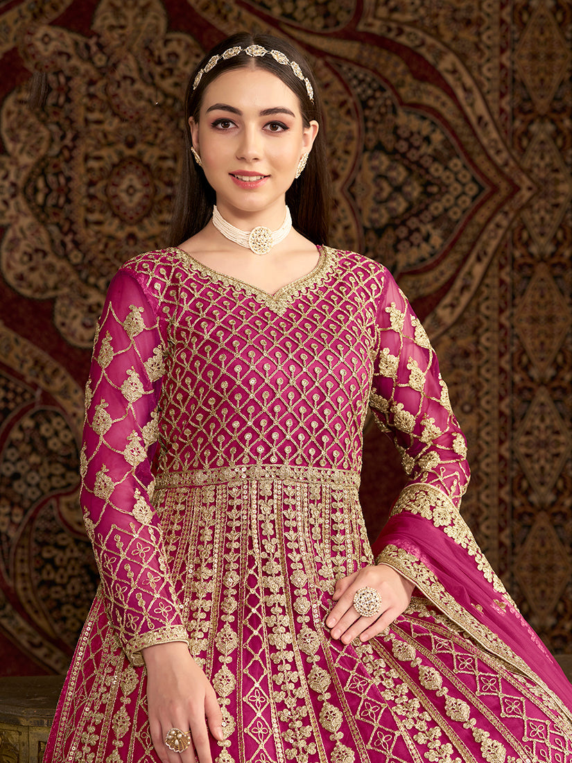 Monjolika Fashion Rani-Pink Color Embroidered Santoon Net Salwar Suit - Distacart
