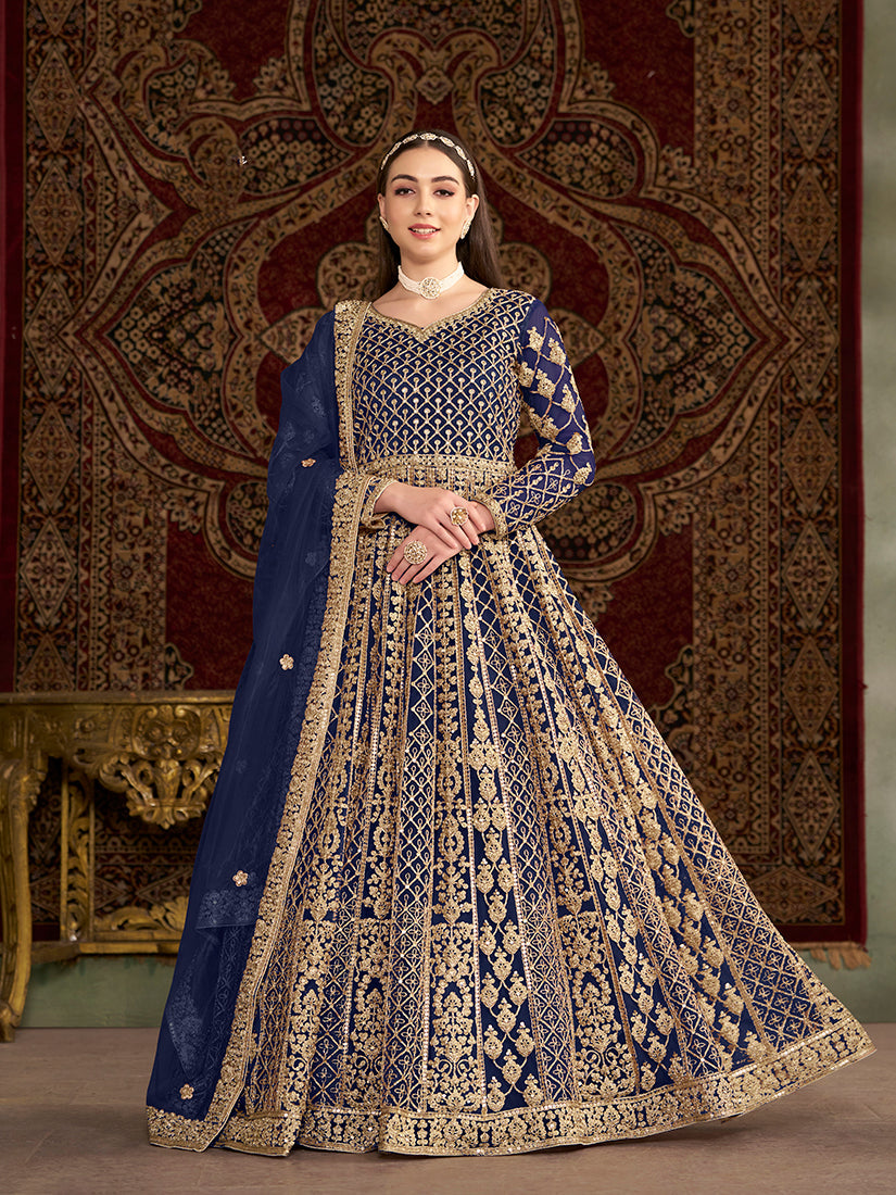Monjolika Fashion Navy-Blue Color Embroidered Santoon Net Salwar Suit - Distacart
