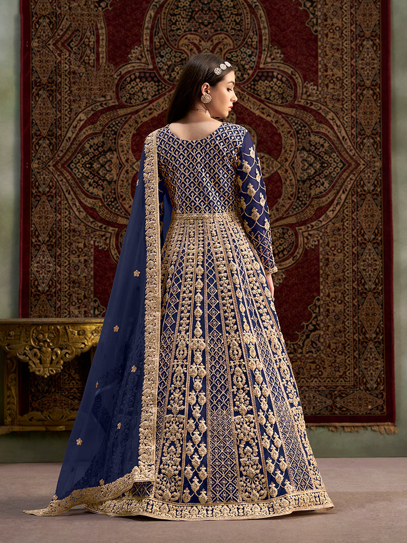 Monjolika Fashion Navy-Blue Color Embroidered Santoon Net Salwar Suit - Distacart