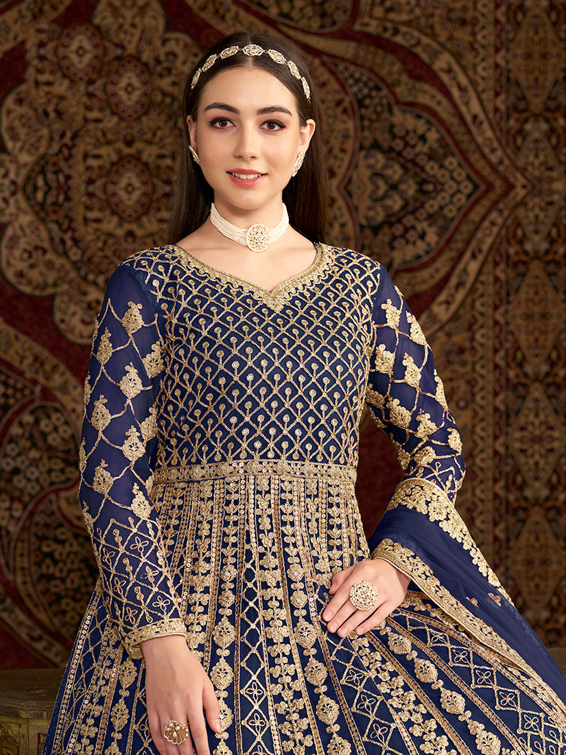 Monjolika Fashion Navy-Blue Color Embroidered Santoon Net Salwar Suit - Distacart