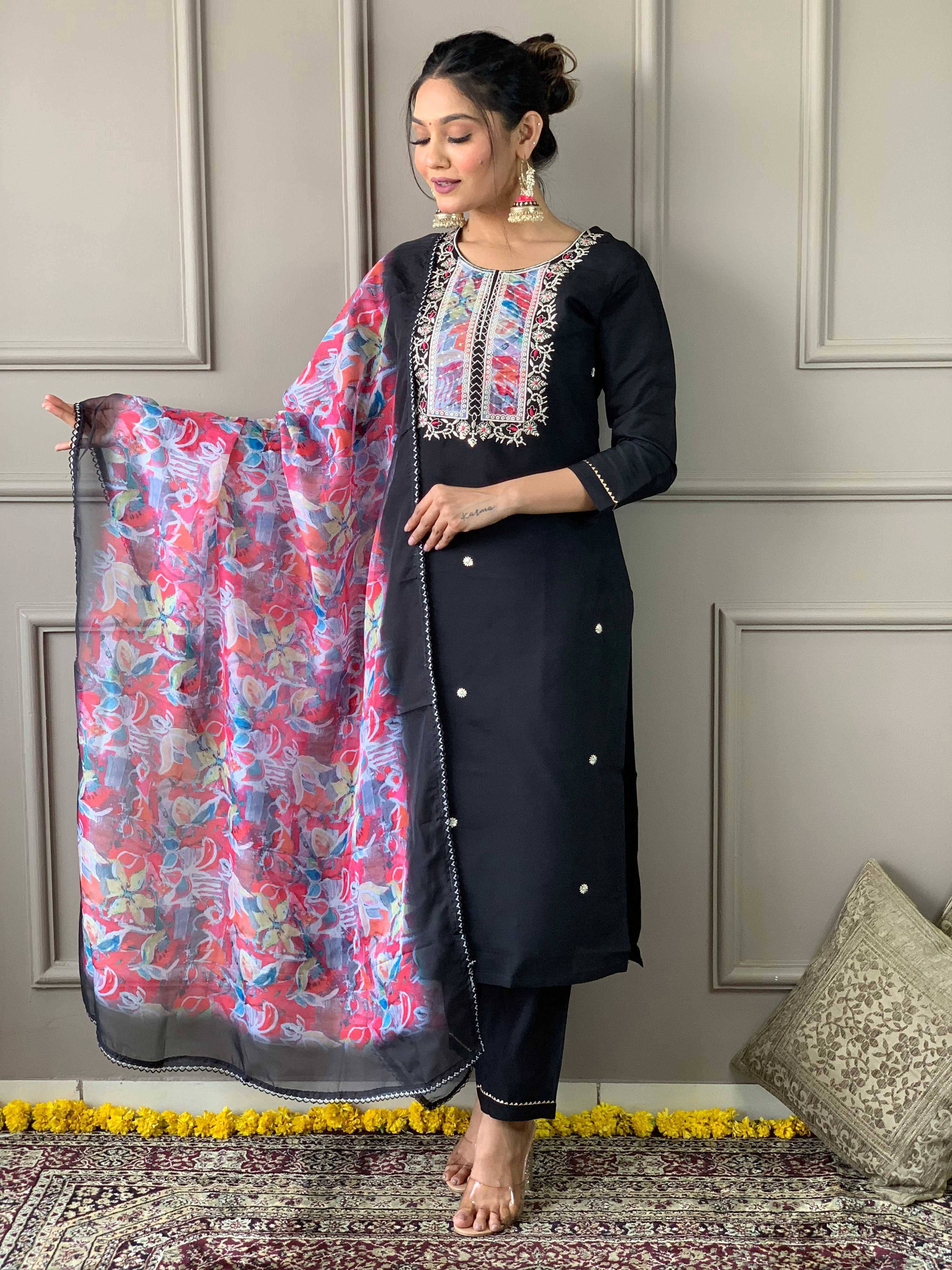 The52 Viscose Fabric work Straight cut Kurta, Pant and Dupatta Set - Distacart