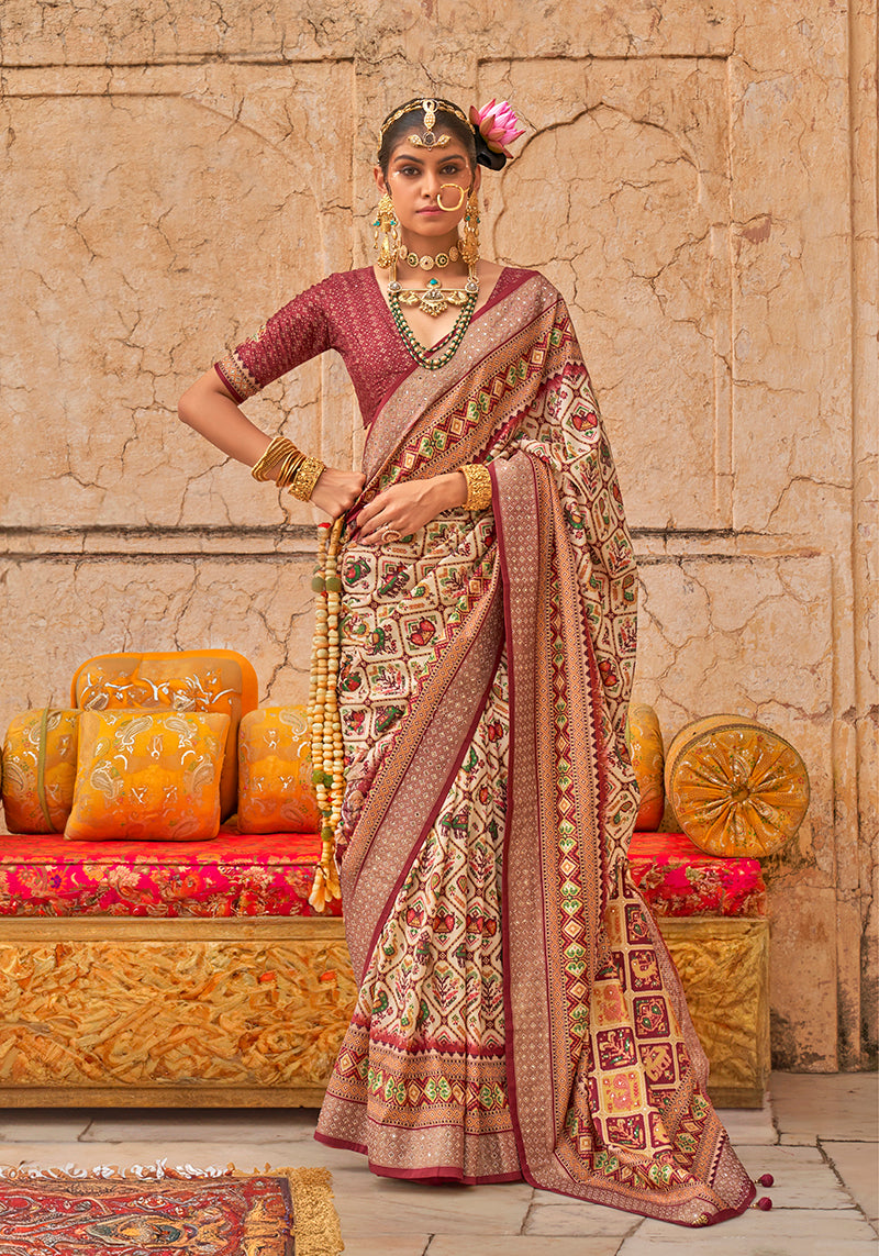 Monjolika Fashion Viscose Silk Cream Printed Classic Saree