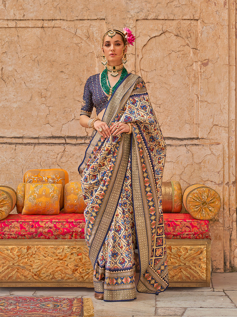 Monjolika Fashion Viscose Silk Cream Printed Classic Saree