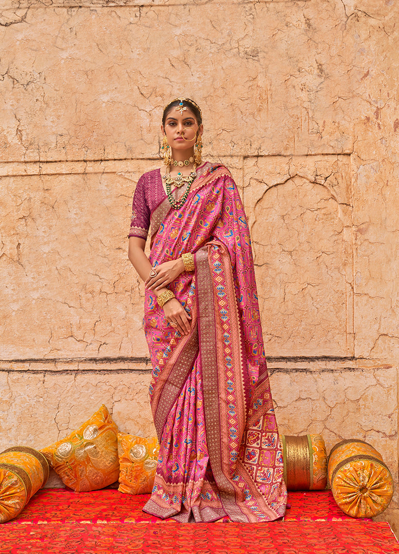 Monjolika Fashion Viscose Silk Pink Printed Classic Saree