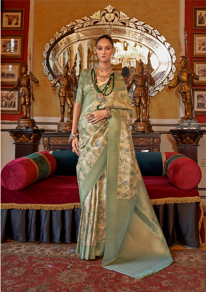 Monjolika Fashion Cream And Light Green Tussar Silk Digital Print Zari Border Contemporary Saree