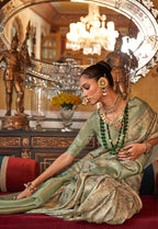 Monjolika Fashion Cream And Light Green Tussar Silk Digital Print Zari Border Contemporary Saree