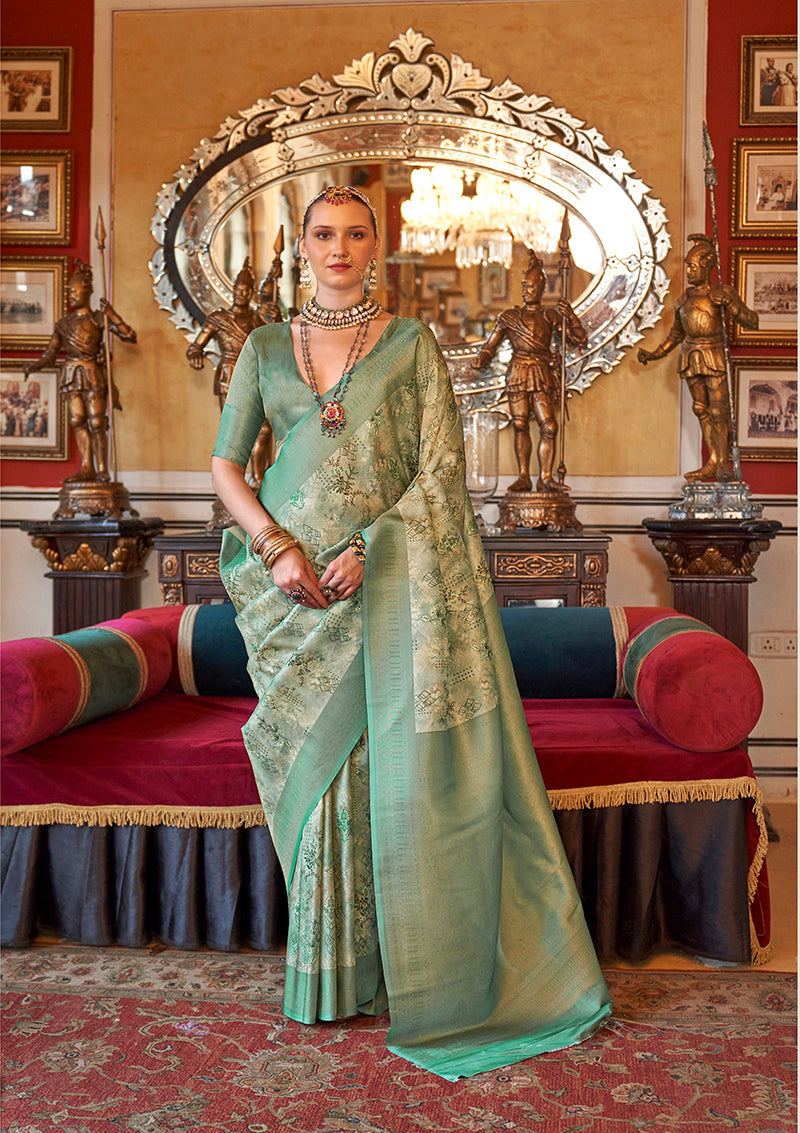 Monjolika Fashion Cream And Sea Green Tussar Silk Digital Print Zari Border Contemporary Saree