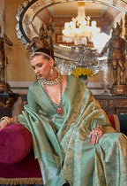 Monjolika Fashion Cream And Sea Green Tussar Silk Digital Print Zari Border Contemporary Saree