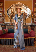 Monjolika Fashion Grey And Blue Tussar Silk Digital Print Zari Border Contemporary Saree