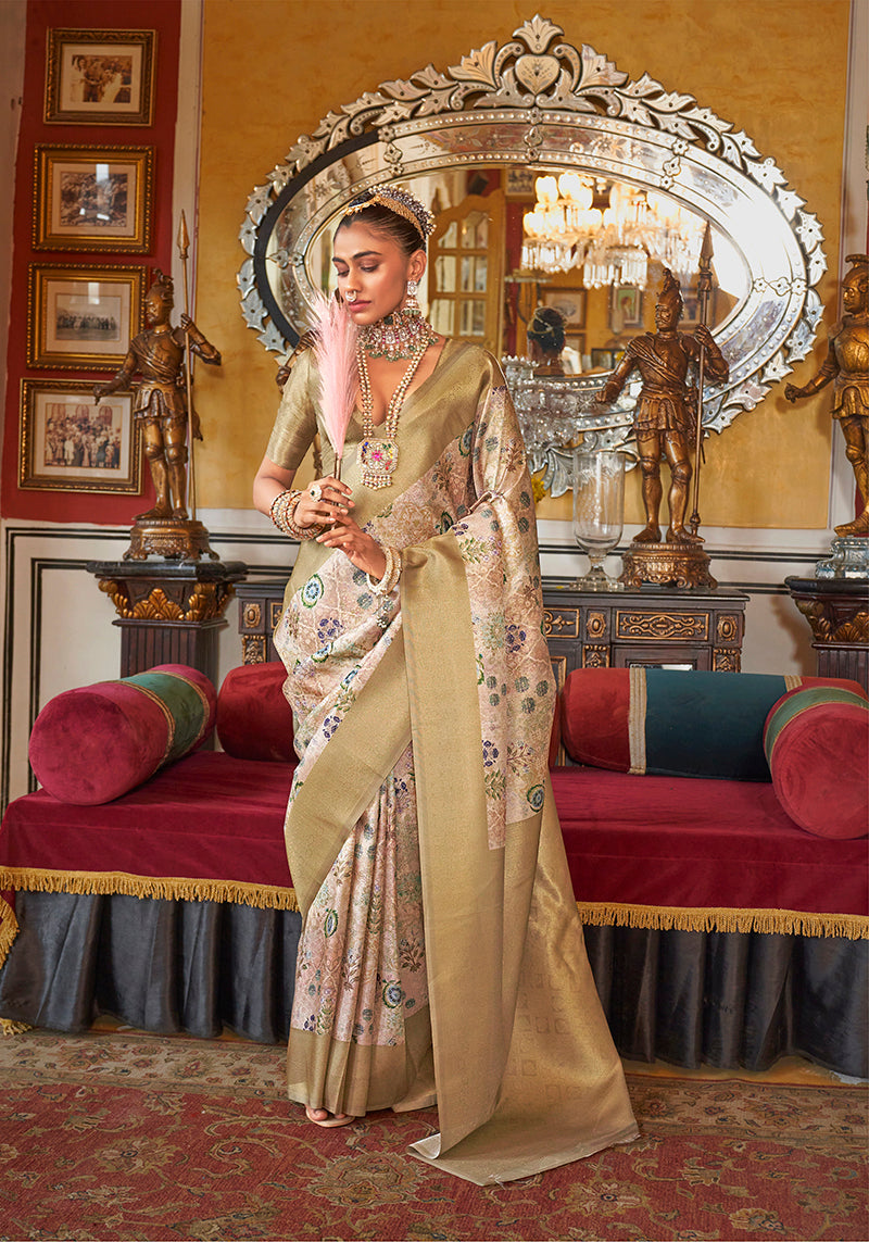 Monjolika Fashion Cream Tussar Silk Digital Print Zari Border Contemporary Saree