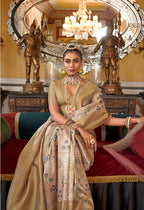 Monjolika Fashion Cream Tussar Silk Digital Print Zari Border Contemporary Saree