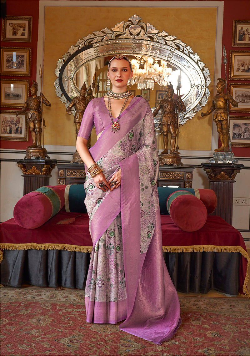 Monjolika Fashion Mauve Tussar Silk Digital Print Zari Border Contemporary Saree