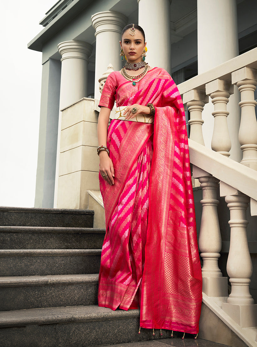 Monjolika Fashion Viscose Silk Rani Pink Weaving Jaal Designer Saree