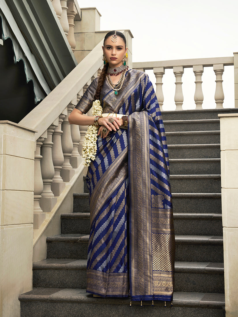 Monjolika Fashion Viscose Silk Navy Blue Weaving Jaal Designer Saree