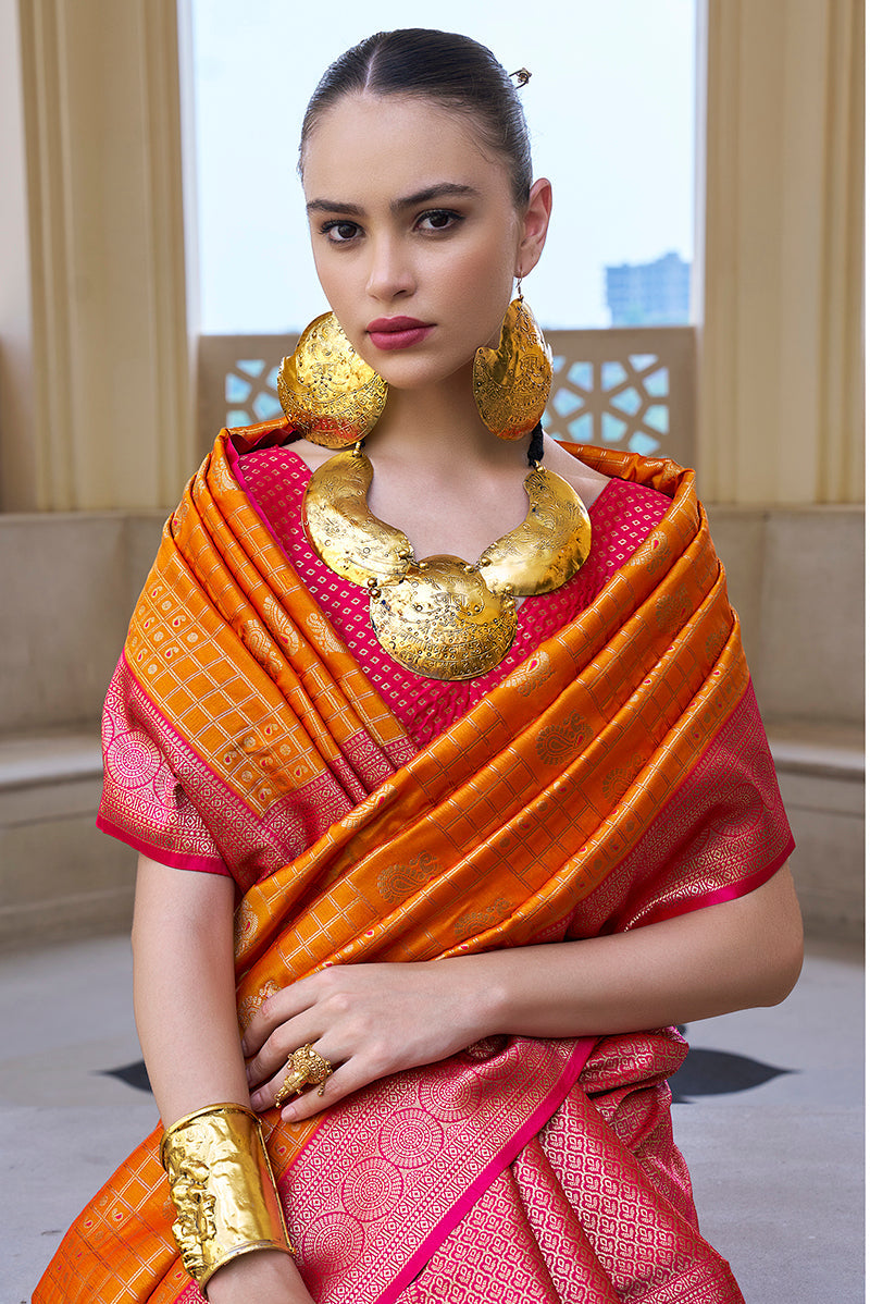 Monjolika Fashion Banarasi Silk Weaving Orange Trendy Saree