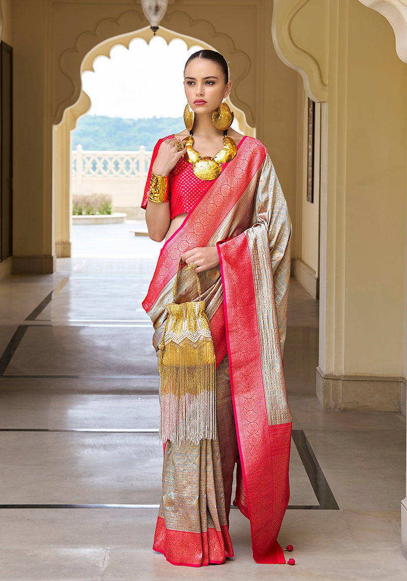 Monjolika Fashion Banarasi Silk Weaving Light Grey Trendy Saree