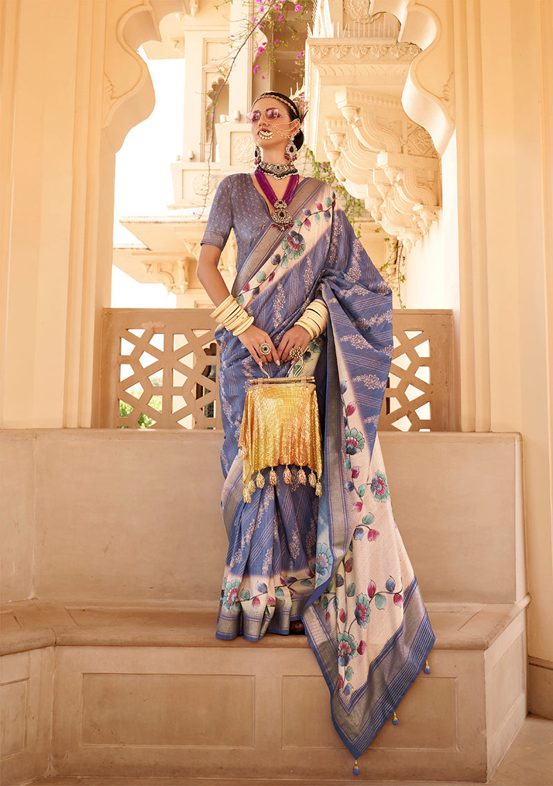 Monjolika Fashion Silk Foil Print Blue Contemporary Saree - Distacart