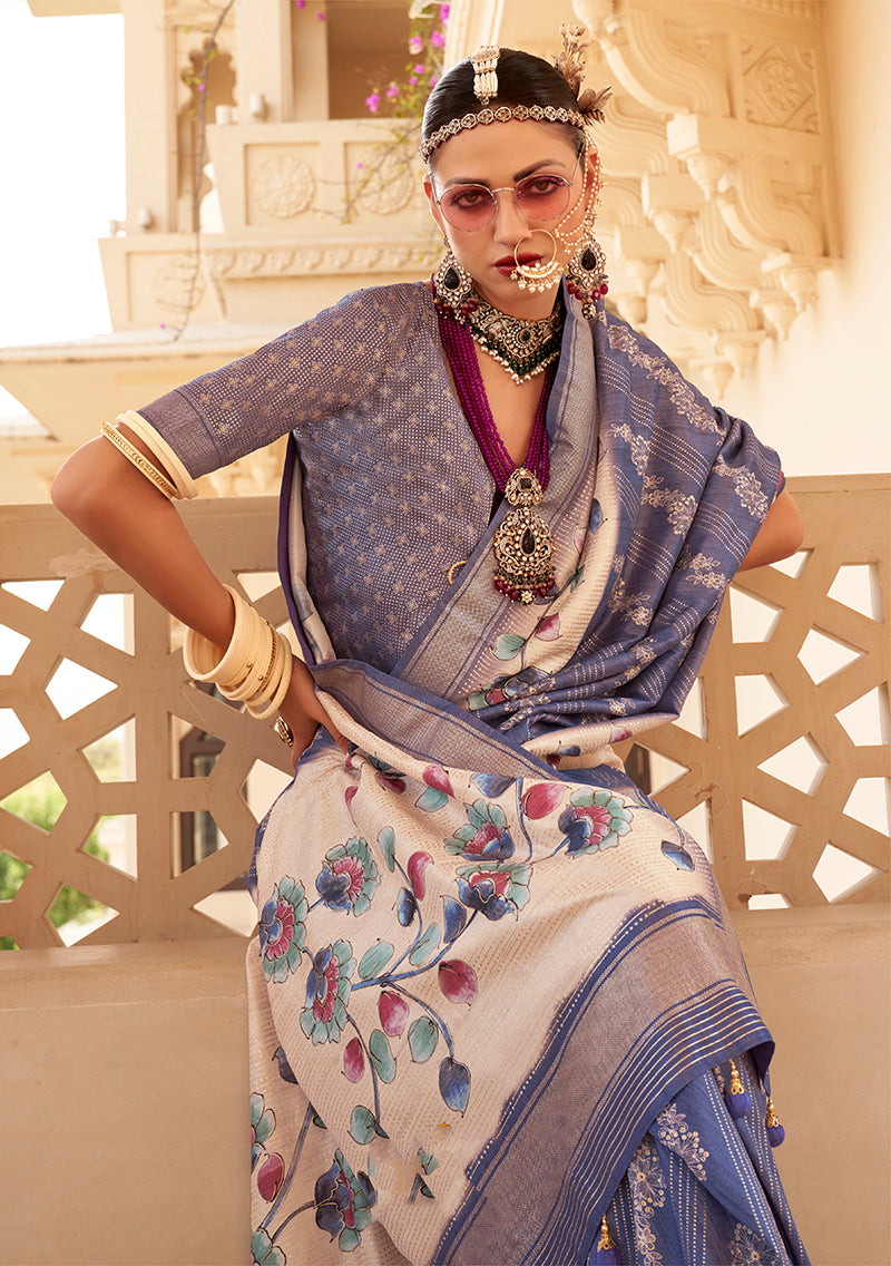 Monjolika Fashion Silk Foil Print Blue Contemporary Saree - Distacart