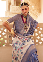 Monjolika Fashion Silk Foil Print Blue Contemporary Saree - Distacart