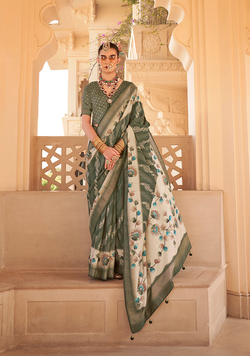 Monjolika Fashion Silk Foil Print Dark Green Contemporary Saree - Distacart