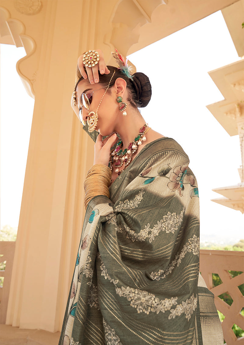 Monjolika Fashion Silk Foil Print Dark Green Contemporary Saree - Distacart