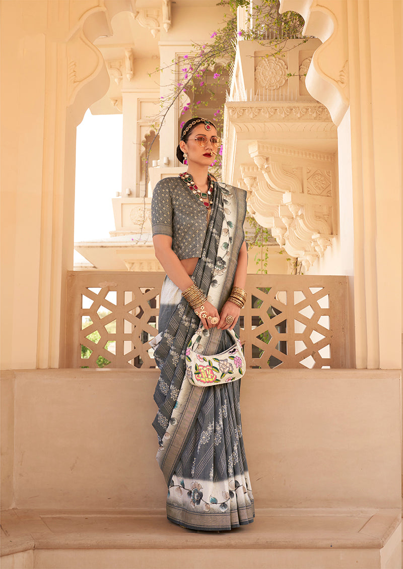 Monjolika Fashion Silk Foil Print Grey Contemporary Saree - Distacart