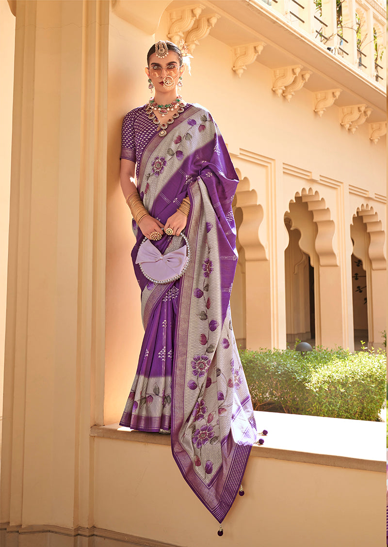 Monjolika Fashion Silk Foil Print Purple Contemporary Saree - Distacart