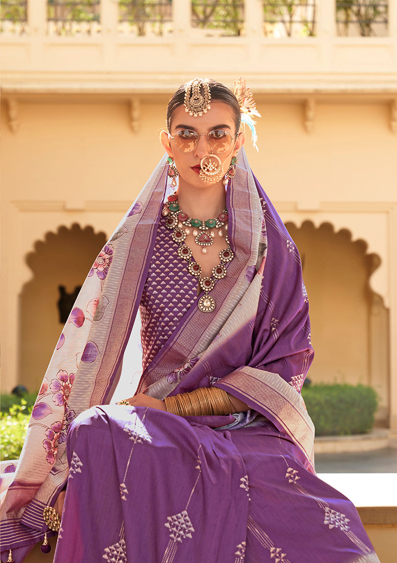 Monjolika Fashion Silk Foil Print Purple Contemporary Saree - Distacart