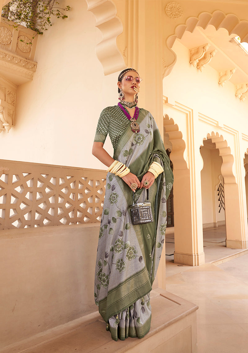 Monjolika Fashion Silk Foil Print Dark Green Contemporary Saree - Distacart