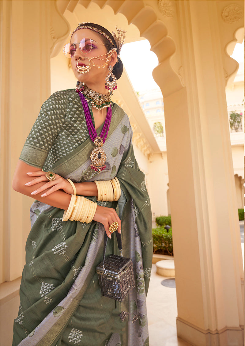 Monjolika Fashion Silk Foil Print Dark Green Contemporary Saree - Distacart