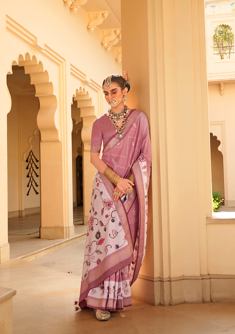 Monjolika Fashion Silk Foil Print Onion Pink Contemporary Saree - Distacart