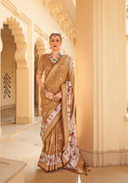 Monjolika Fashion Silk Foil Print Brown Contemporary Saree - Distacart