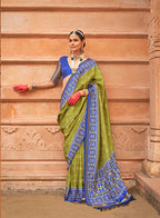 Monjolika Fashion Olive And Blue Patola Print Silk Ceremonial Trendy Saree - Distacart