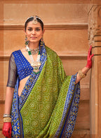 Monjolika Fashion Olive And Blue Patola Print Silk Ceremonial Trendy Saree - Distacart