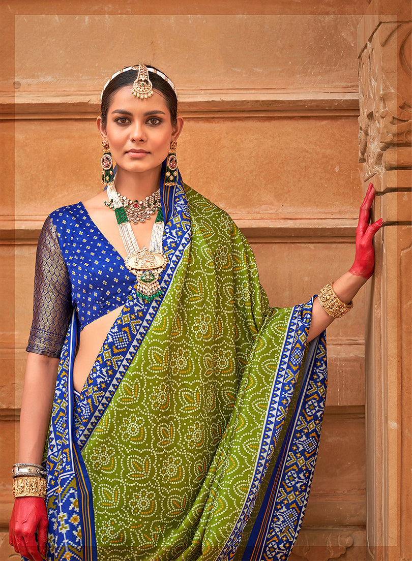Monjolika Fashion Olive And Blue Patola Print Silk Ceremonial Trendy Saree - Distacart