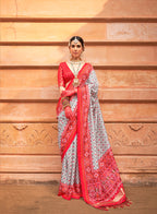 Monjolika Fashion Grey And Red Patola Print Silk Ceremonial Trendy Saree - Distacart