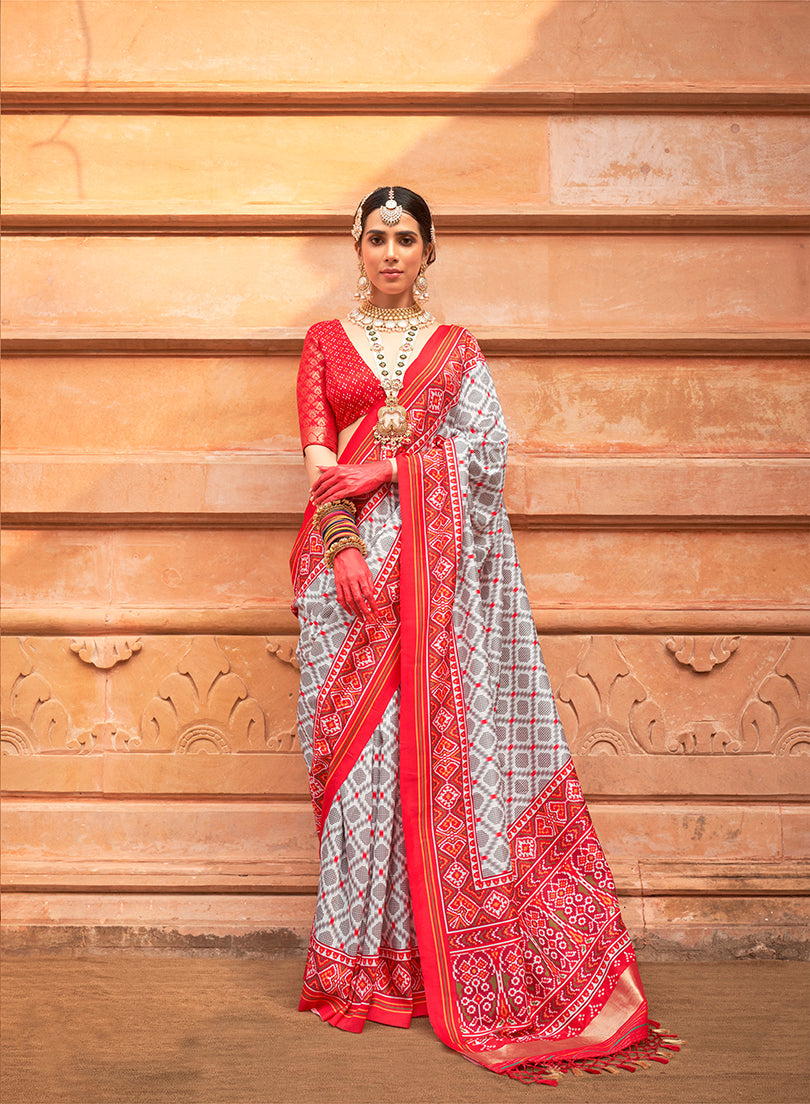 Monjolika Fashion Grey And Red Patola Print Silk Ceremonial Trendy Saree - Distacart