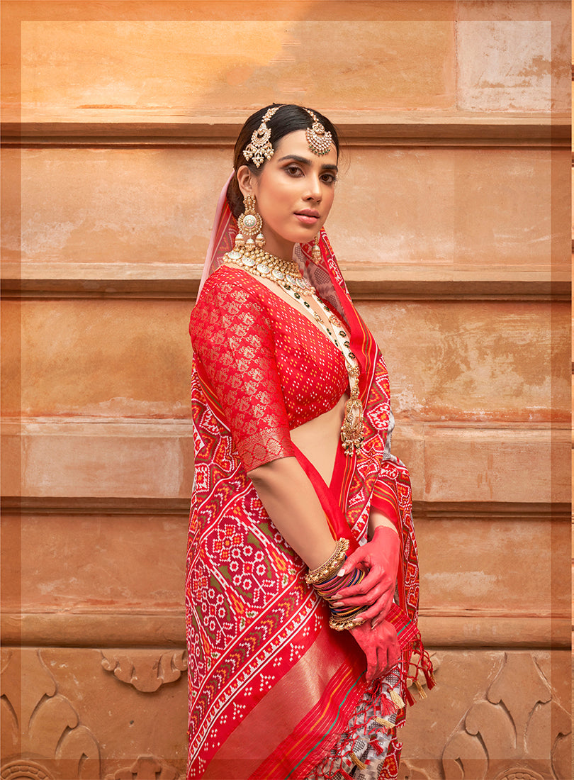 Monjolika Fashion Grey And Red Patola Print Silk Ceremonial Trendy Saree - Distacart