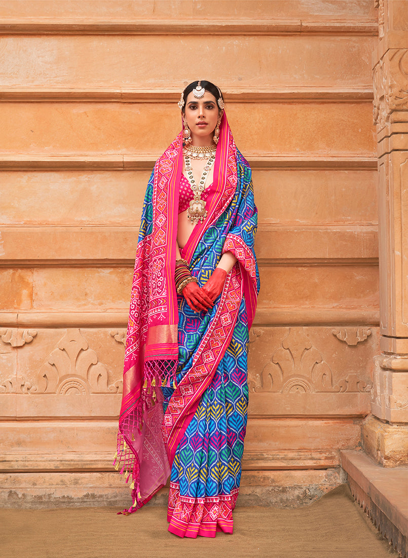Monjolika Fashion Blue Patola Print Silk Ceremonial Trendy Saree - Distacart